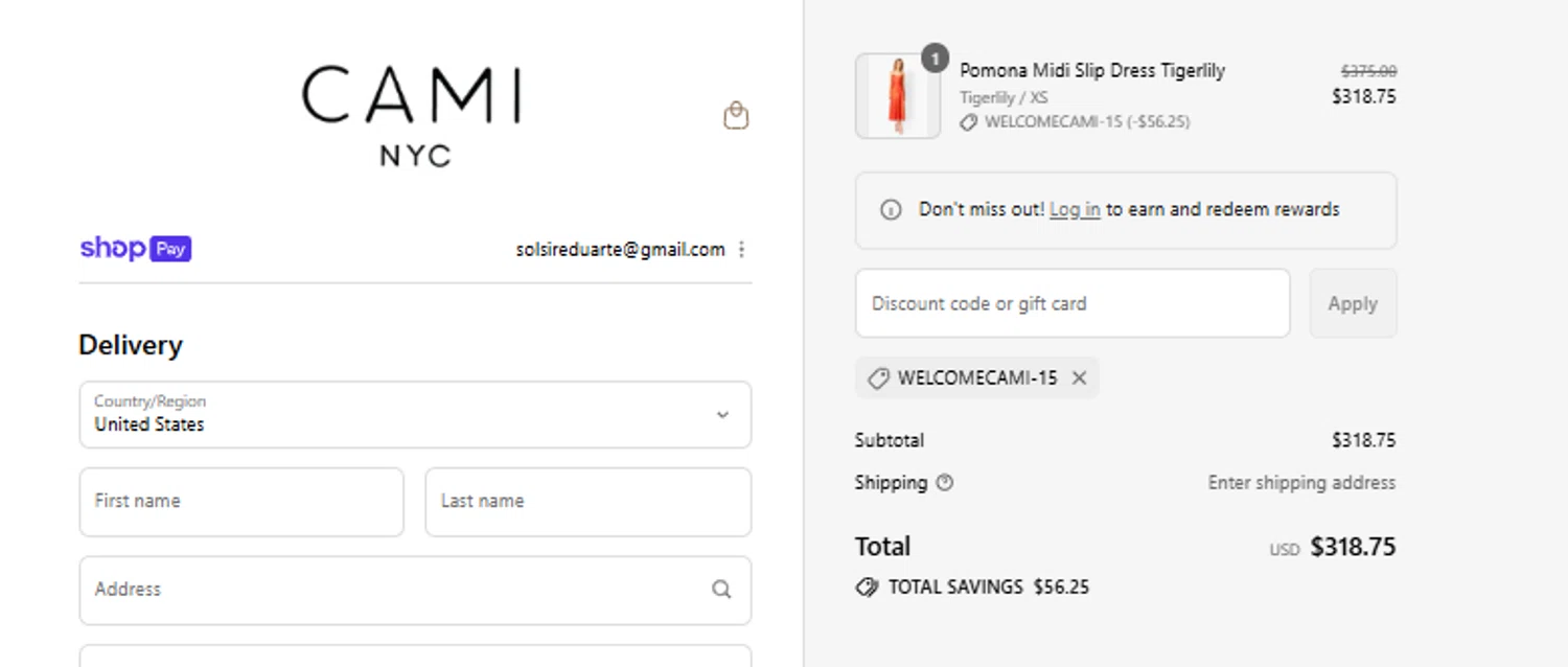 Cami NYC promo code screenshot showing code WELCOMECAMI-15 applied at Cami NYC checkout page. Uploaded by SimplyCodes community member eudorasuarez on Jul 27, 2025