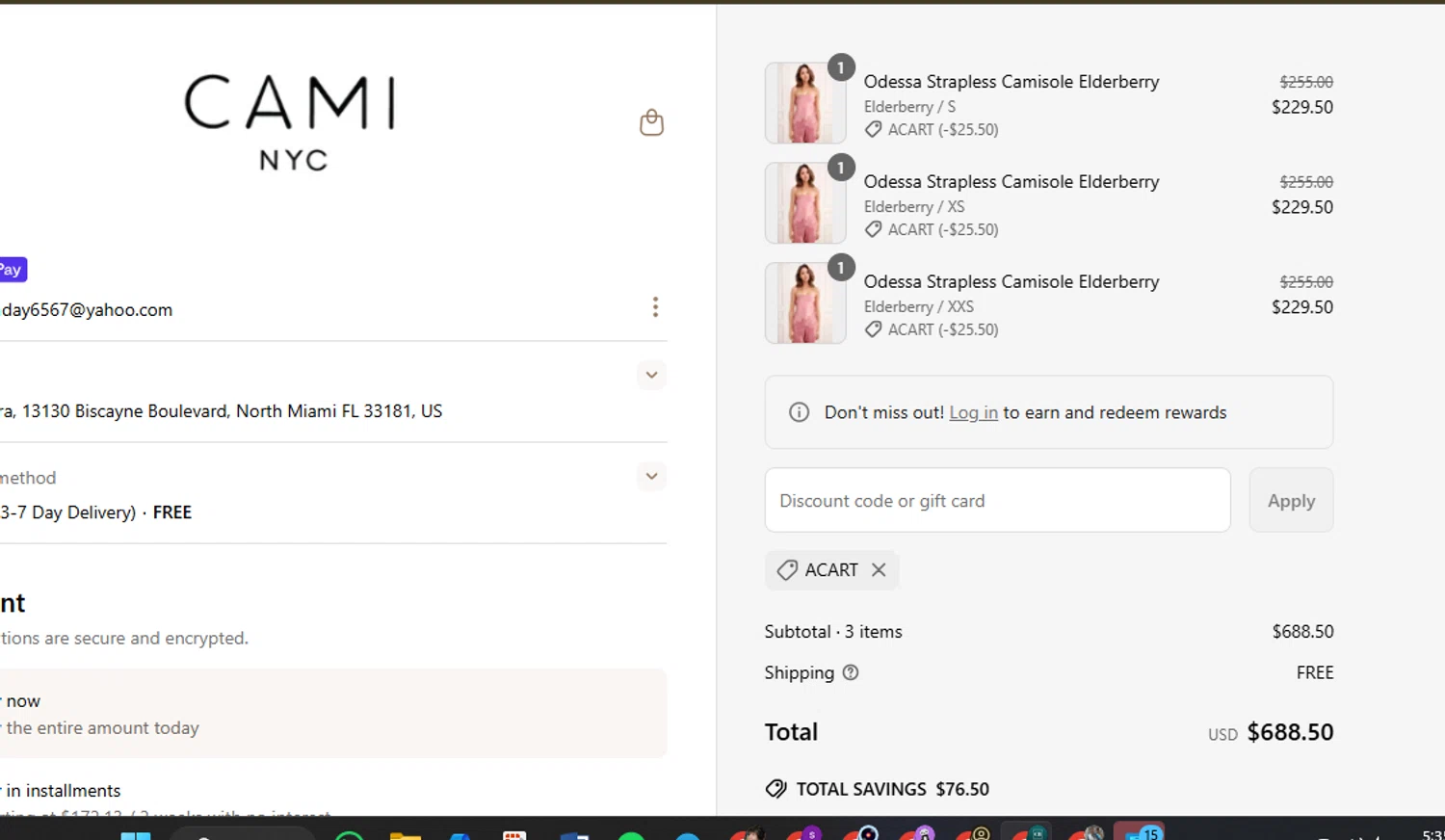 Cami NYC promo code screenshot showing code ACART applied at Cami NYC checkout page. Uploaded by SimplyCodes community member Charly2607 on May 25, 2025