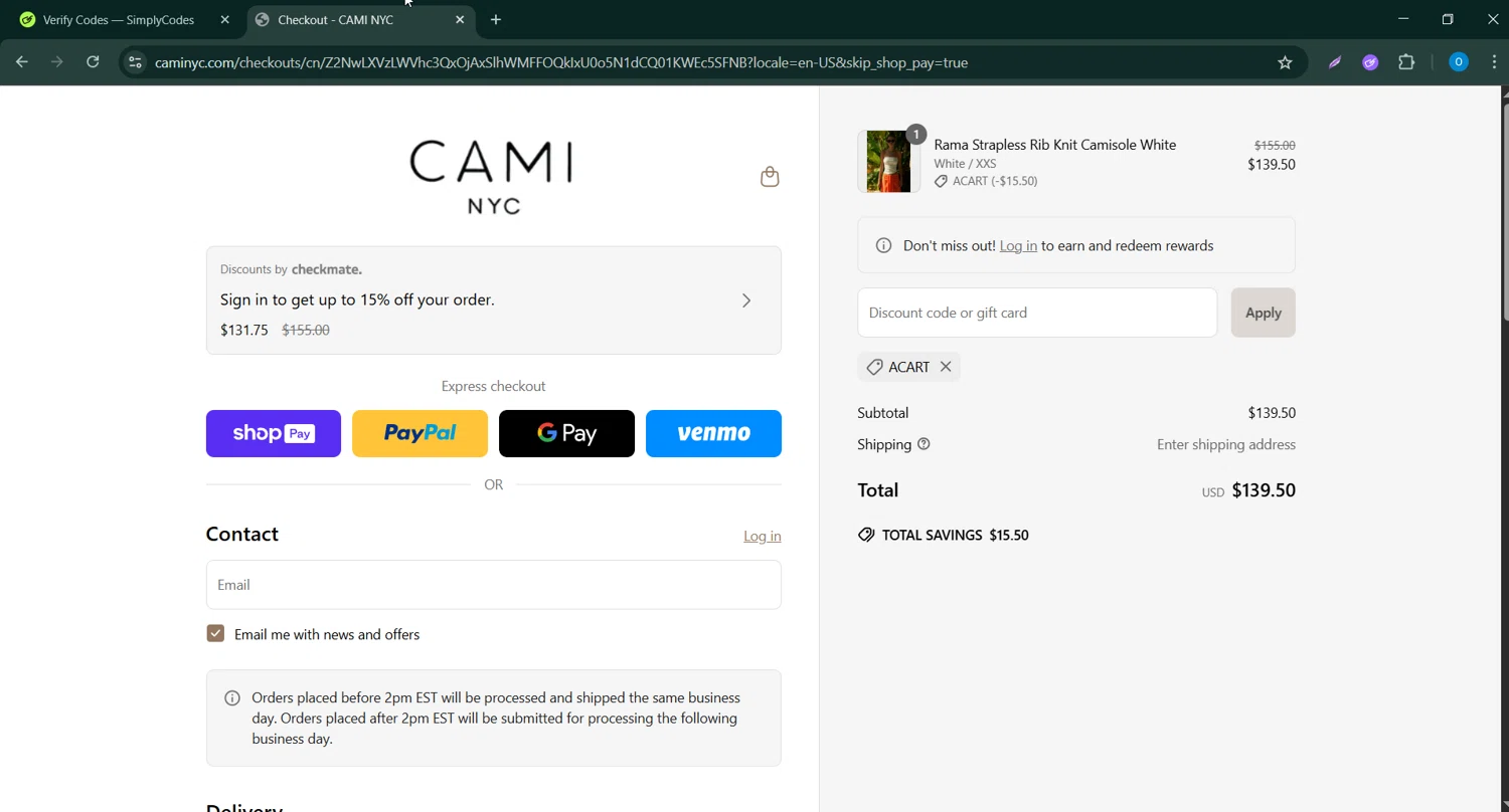 Cami NYC promo code screenshot showing code ACART applied at Cami NYC checkout page. Uploaded by SimplyCodes community member CodeScholar4340 on Jun 16, 2025