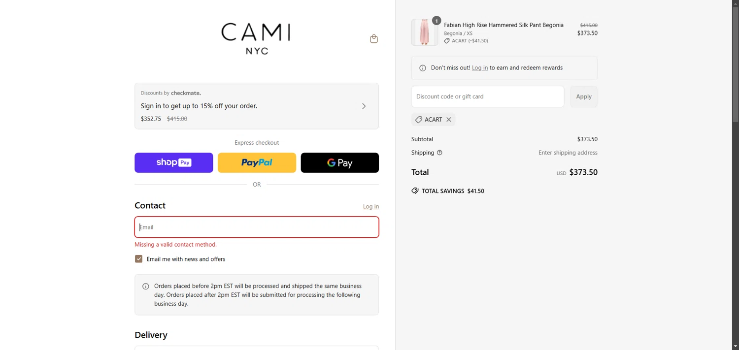 Cami NYC promo code screenshot showing code ACART applied at Cami NYC checkout page. Uploaded by SimplyCodes community member VoucherVirtuoso5207 on May 5, 2025