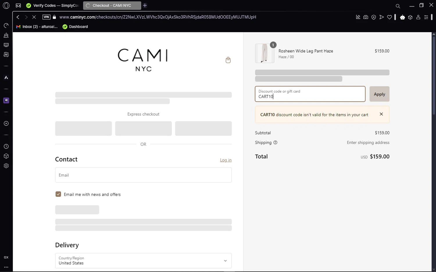 Cami NYC promo code screenshot showing code CART10 applied at Cami NYC checkout page. Uploaded by SimplyCodes community member CleverSage7079 on Jan 22, 2025