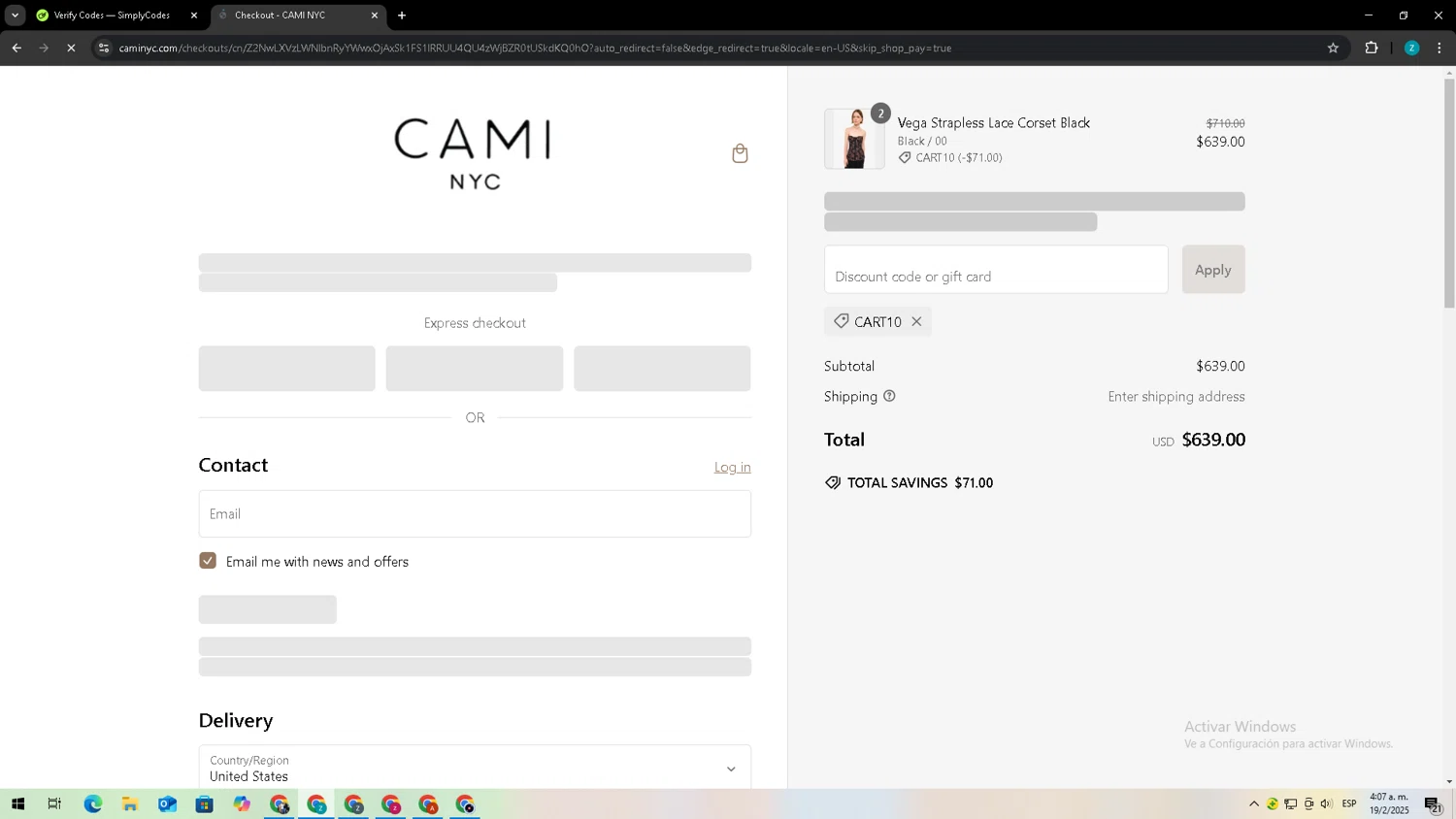 Cami NYC promo code screenshot showing code CART10 applied at Cami NYC checkout page. Uploaded by SimplyCodes community member Zxdqui on Feb 19, 2025