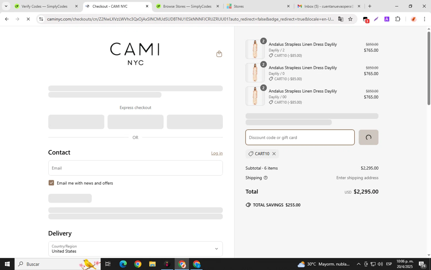 Cami NYC promo code screenshot showing code CART10 applied at Cami NYC checkout page. Uploaded by SimplyCodes community member chemozavala on Apr 21, 2025
