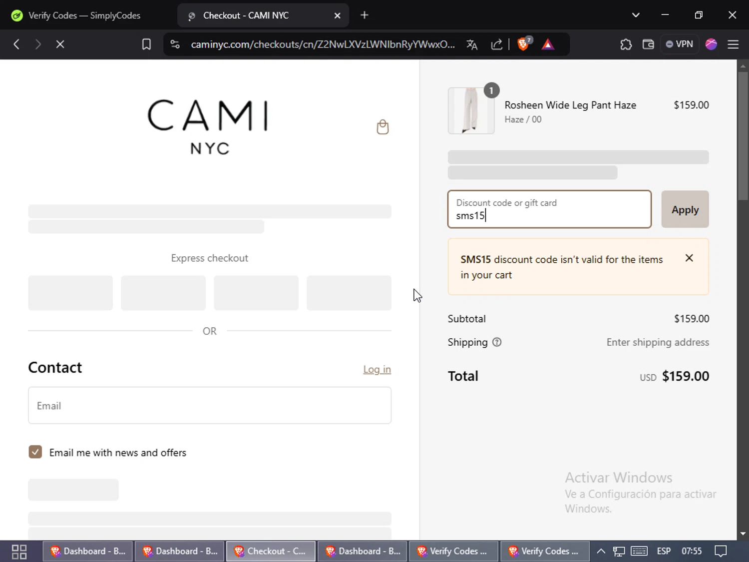 Cami NYC promo code screenshot showing code sms15 applied at Cami NYC checkout page. Uploaded by SimplyCodes community member Puta_madre10 on Jan 20, 2025