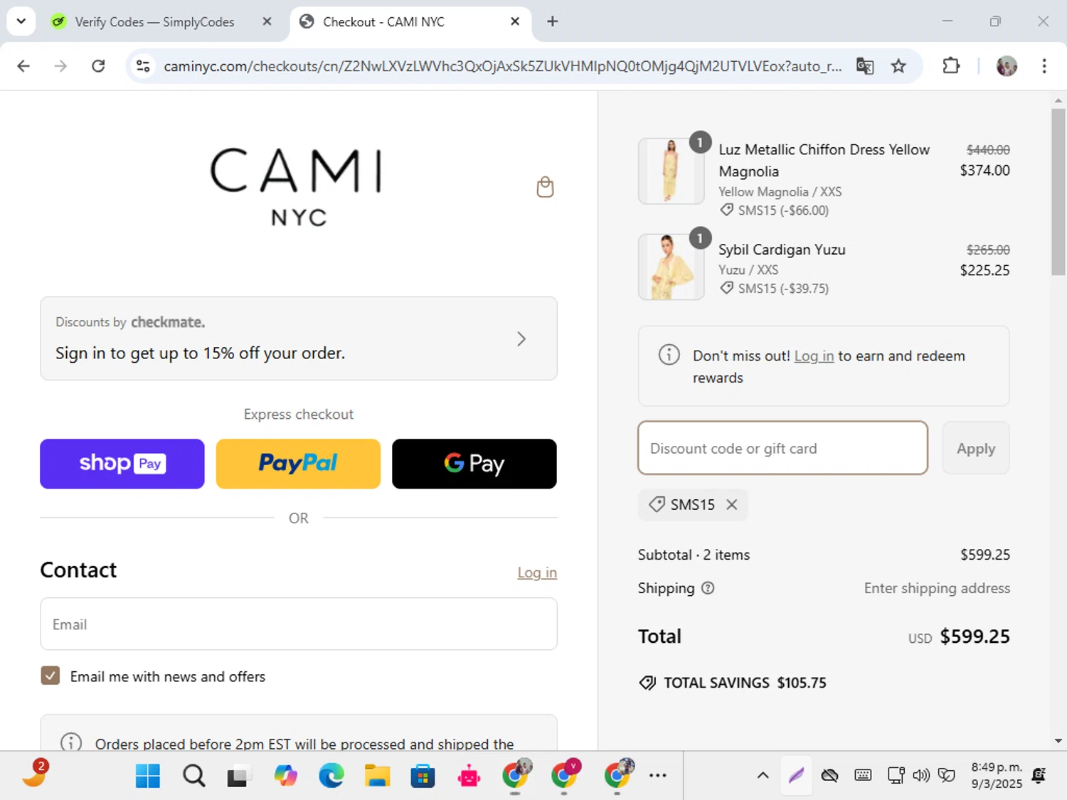 Cami NYC promo code screenshot showing code sms15 applied at Cami NYC checkout page. Uploaded by SimplyCodes community member karolg on Mar 10, 2025