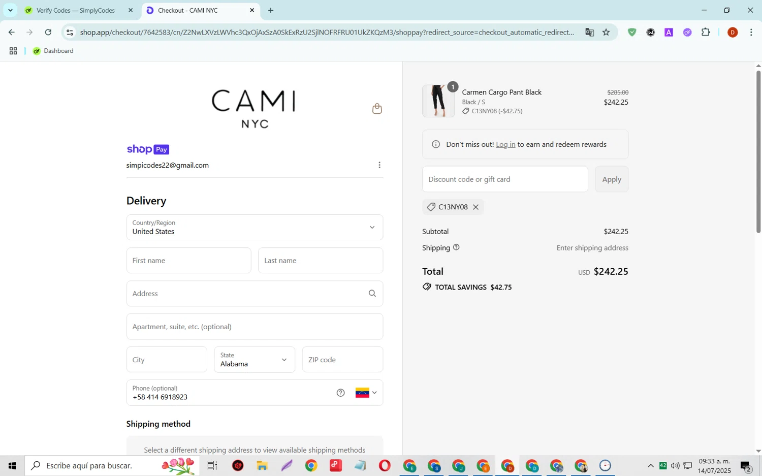 Cami NYC promo code screenshot showing code C13NY08 applied at Cami NYC checkout page. Uploaded by SimplyCodes community member SaleSaver3540 on Jul 14, 2025