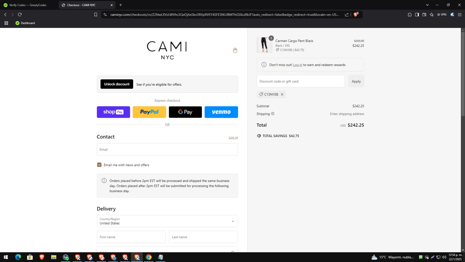 Cami NYC promo code screenshot showing code C13NY08 applied at Cami NYC checkout page. Uploaded by SimplyCodes community member PrimeExpert2544 on Jan 22, 2025