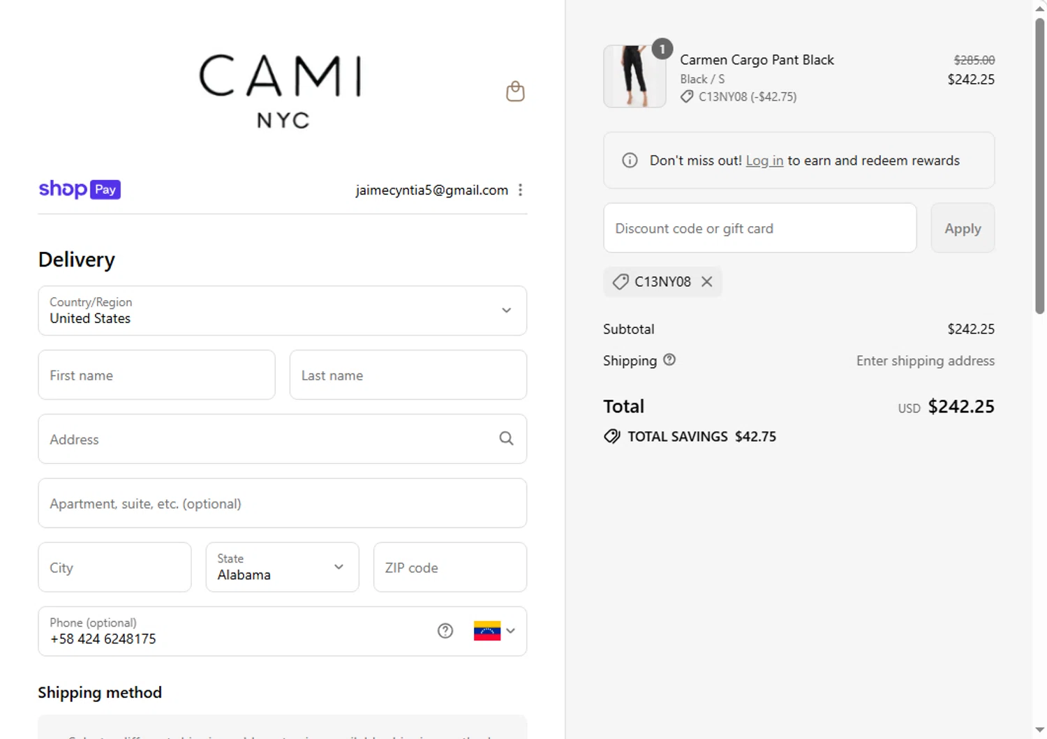 Cami NYC promo code screenshot showing code C13NY08 applied at Cami NYC checkout page. Uploaded by SimplyCodes community member sofia_8 on Aug 17, 2025