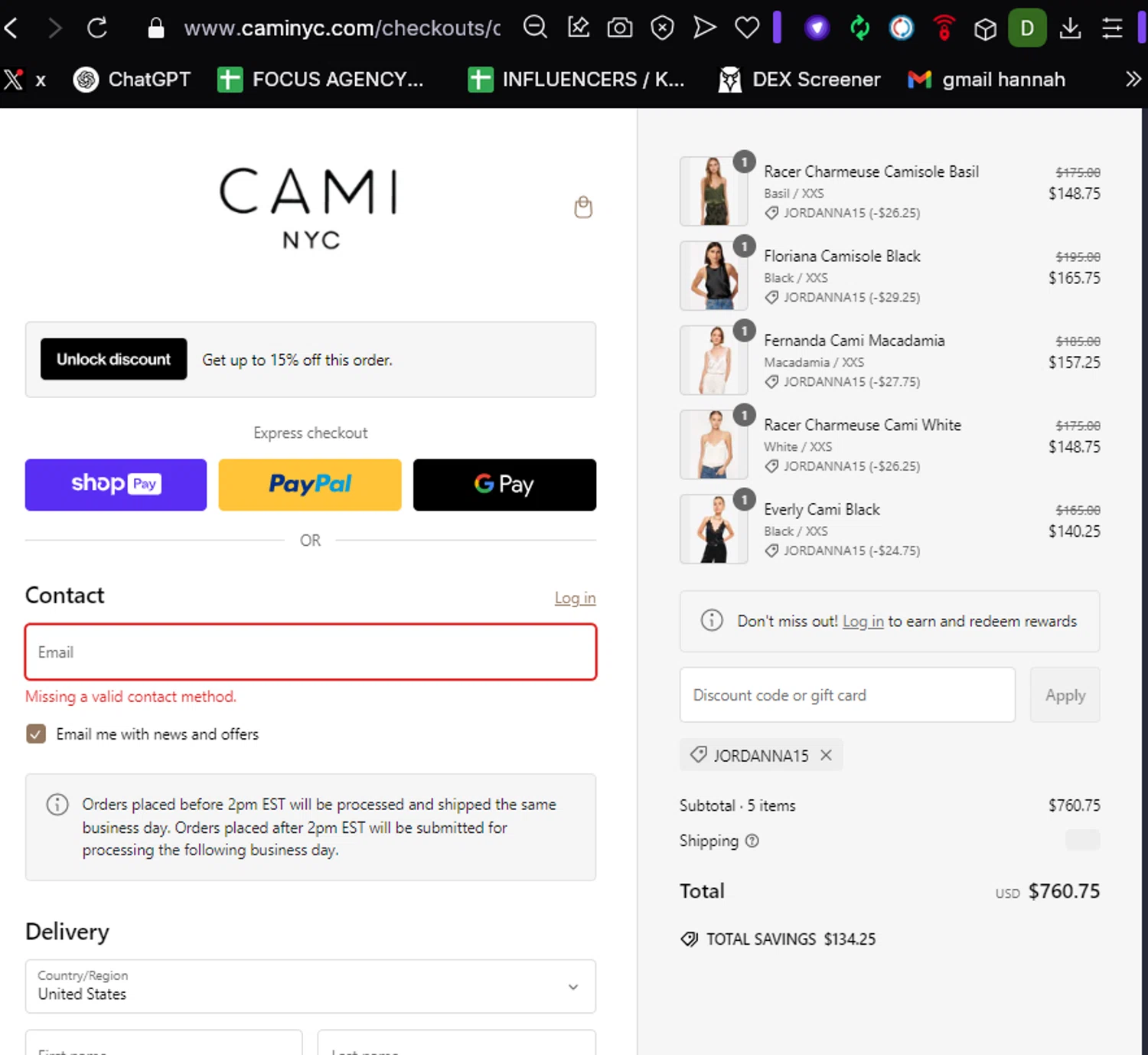 Cami NYC promo code screenshot showing code JORDANNA15 applied at Cami NYC checkout page. Uploaded by SimplyCodes community member Dulce__ on Feb 19, 2025
