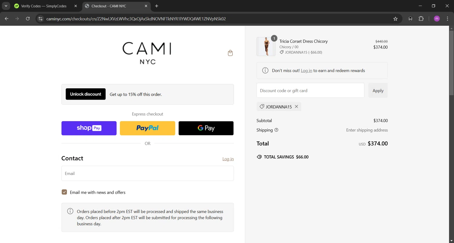 Cami NYC promo code screenshot showing code JORDANNA15 applied at Cami NYC checkout page. Uploaded by SimplyCodes community member Focus_123 on Jan 2, 2025