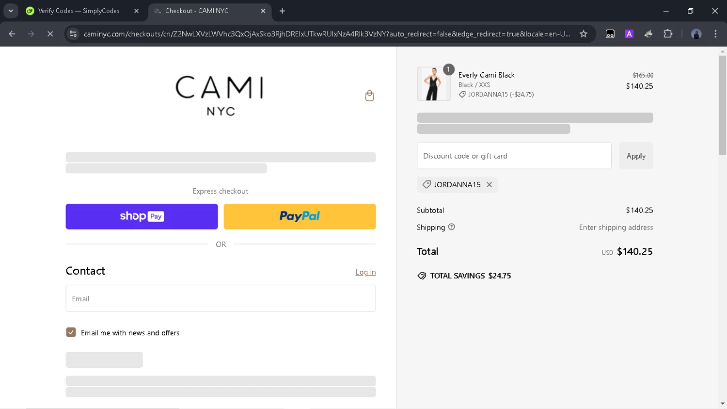 Cami NYC promo code screenshot showing code JORDANNA15 applied at Cami NYC checkout page. Uploaded by SimplyCodes community member Time_sin_filtro on Jan 22, 2025