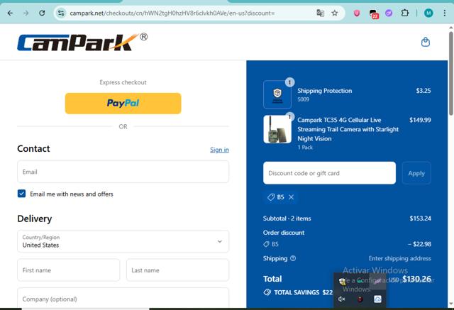 Campark checkout page showing Campark discount code box | Screenshot taken by SimplyCodes community member on Sep 12, 2025
