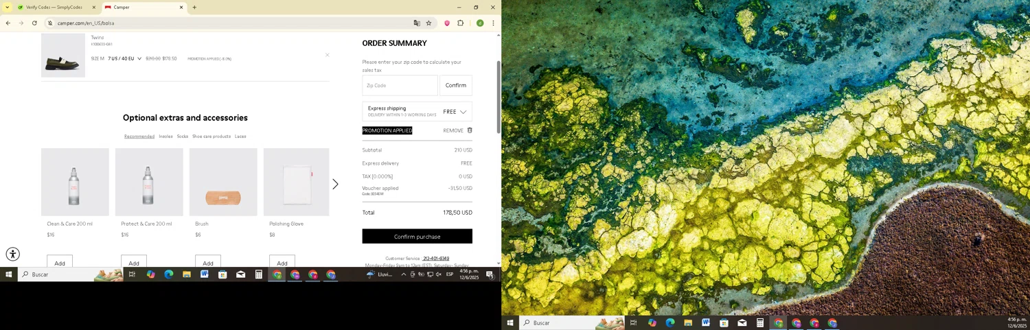 Camper promo code screenshot showing code 92345M applied at Camper checkout page. Uploaded by SimplyCodes community member SavingsSentinel833 on Jun 12, 2025