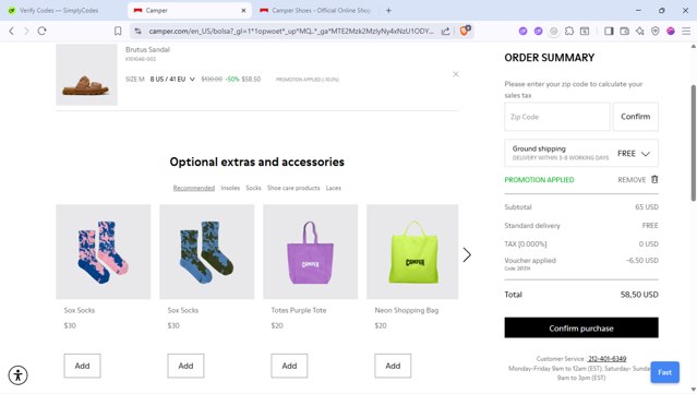 Camper checkout page showing Camper promo code box | Screenshot taken by SimplyCodes community member on Aug 22, 2025