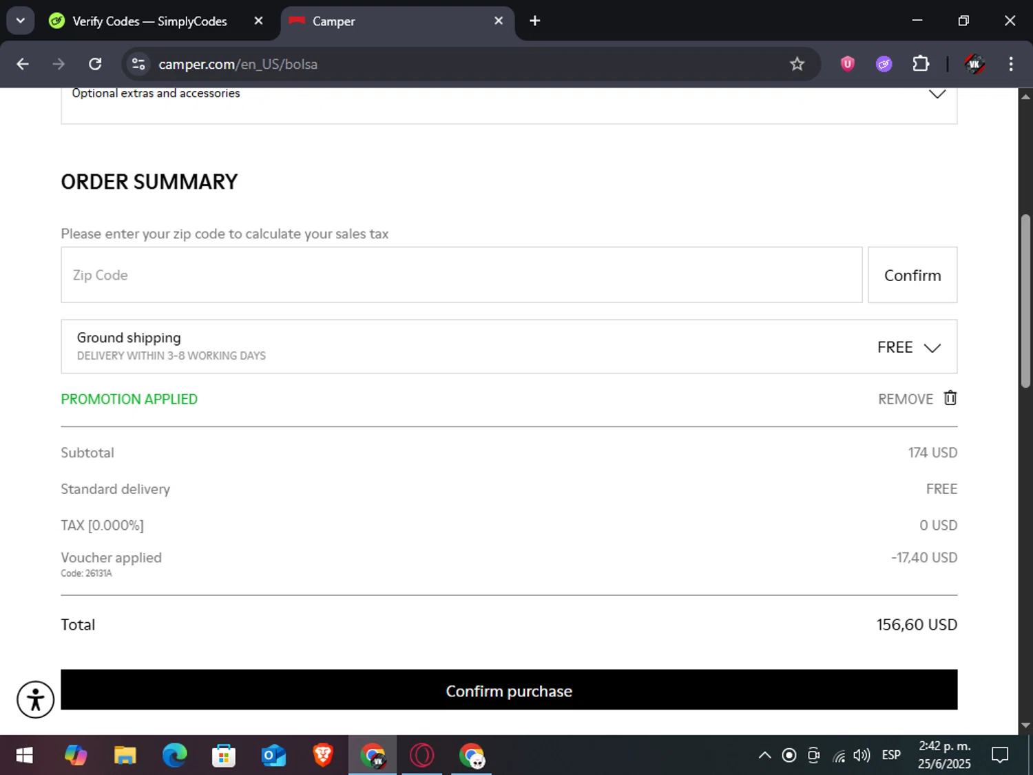 Camper promo code screenshot showing code 26131A applied at Camper checkout page. Uploaded by SimplyCodes community member TreasureAdmiral6867 on Jun 25, 2025