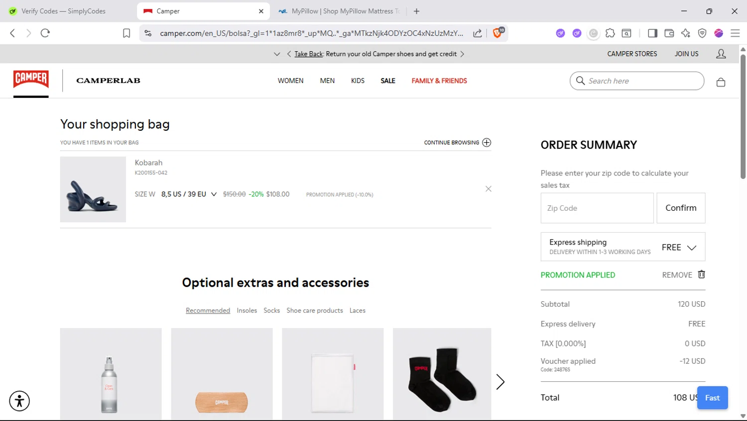 Camper promo code screenshot showing code 24876S applied at Camper checkout page. Uploaded by SimplyCodes community member SapeGato on Jul 24, 2025
