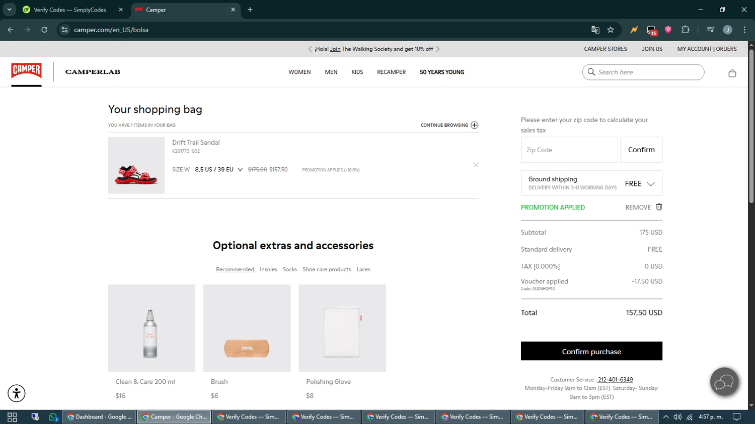 Camper promo code screenshot showing code ADDSHOP10 applied at Camper checkout page. Uploaded by SimplyCodes community member CashShopper1214 on Jun 12, 2025