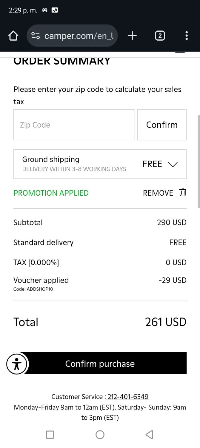 Camper promo code screenshot showing code ADDSHOP10 applied at Camper checkout page. Uploaded by SimplyCodes community member billgates0997923425561 on Jun 25, 2025