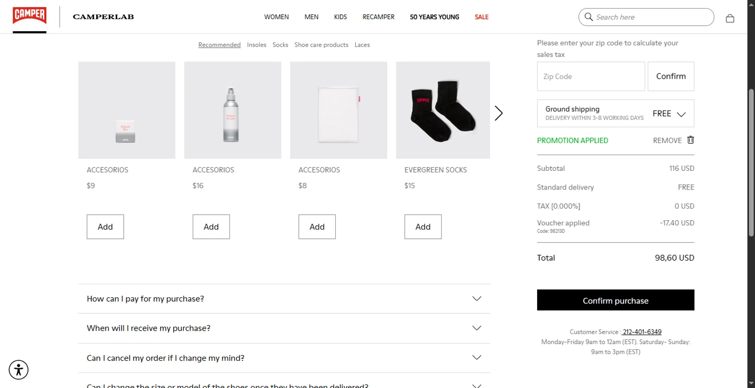Camper promo code screenshot showing code 98213D applied at Camper checkout page. Uploaded by SimplyCodes community member DiscountTracker247 on Jun 25, 2025