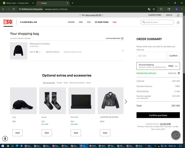 Camper checkout page showing Camper promo code box | Screenshot taken by SimplyCodes community member on Aug 14, 2025