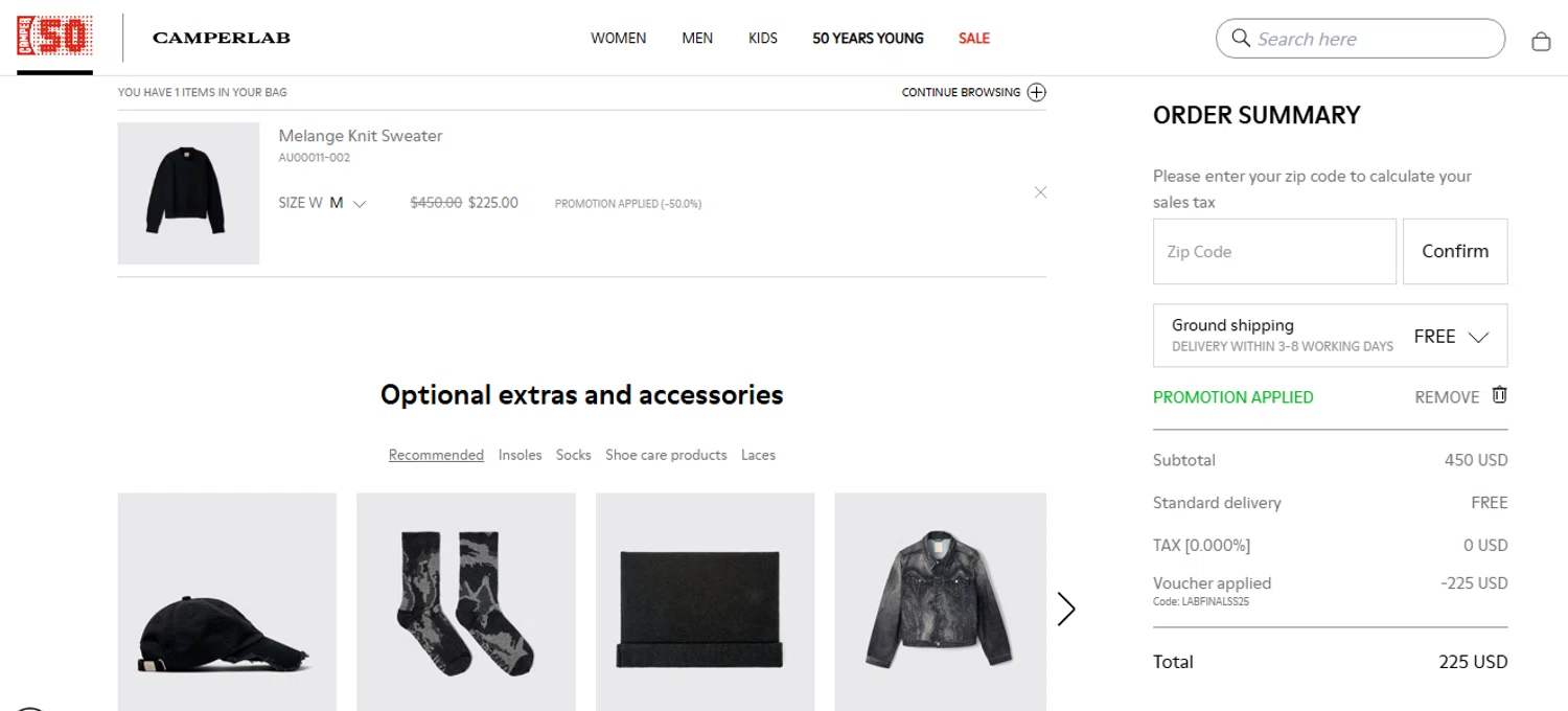 Camper promo code screenshot showing code LABFINALSS25 applied at Camper checkout page. Uploaded by SimplyCodes community member THEPOWER on Aug 14, 2025