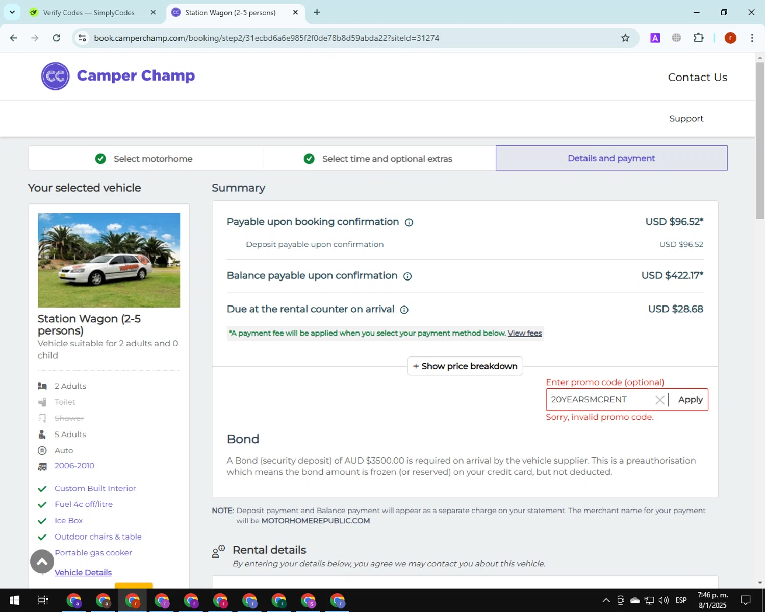 Camper Champ promo code screenshot showing code 20YEARSMCRENT applied at Camper Champ checkout page. Uploaded by SimplyCodes community member PrimeGuardian7348 on Jan 8, 2025