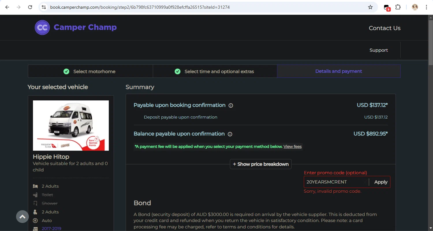 Camper Champ promo code screenshot showing code 20YEARSMCRENT applied at Camper Champ checkout page. Uploaded by SimplyCodes community member LegendaryTitan9160 on Jan 9, 2025