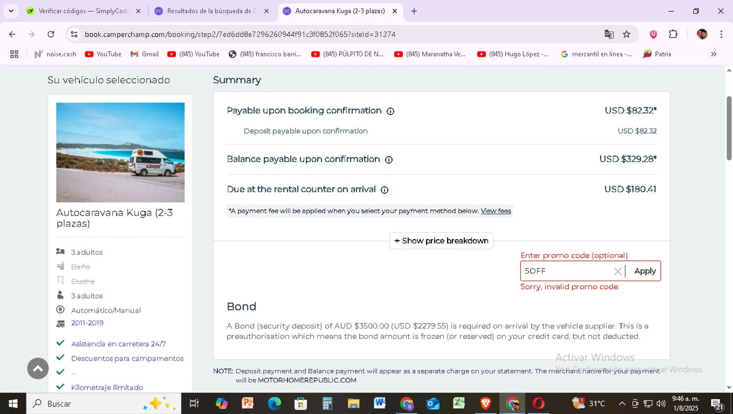 Camper Champ promo code screenshot showing code 5OFF applied at Camper Champ checkout page. Uploaded by SimplyCodes community member CrownWizard2212 on Aug 1, 2025