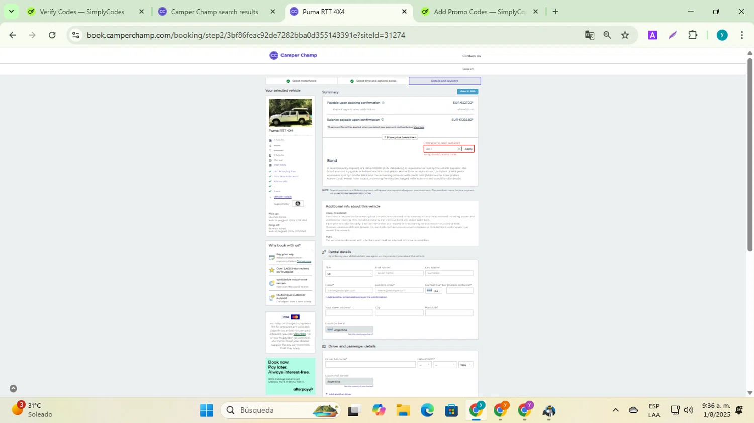 Camper Champ promo code screenshot showing code 5OFF applied at Camper Champ checkout page. Uploaded by SimplyCodes community member yadiracg074 on Aug 1, 2025