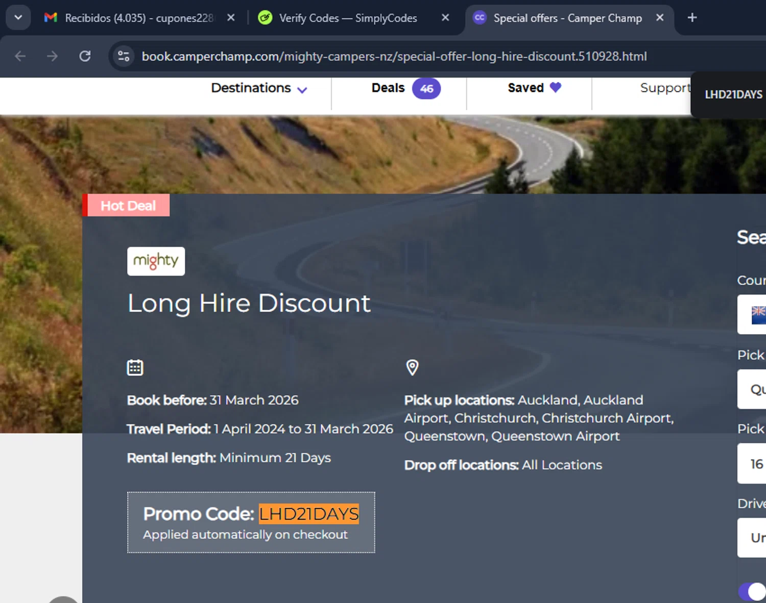 Camper Champ promo code screenshot showing code LHD21DAYS applied at Camper Champ checkout page. Uploaded by SimplyCodes community member Eduard on Oct 13, 2025