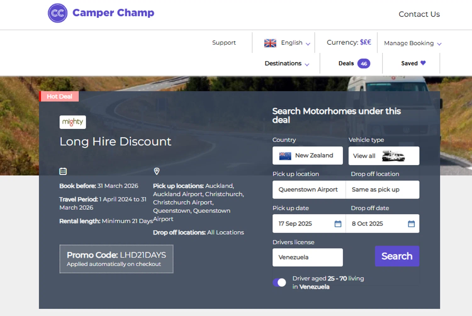 Camper Champ promo code screenshot showing code LHD21DAYS applied at Camper Champ checkout page. Uploaded by SimplyCodes community member Frionel_Pessi on Sep 14, 2025