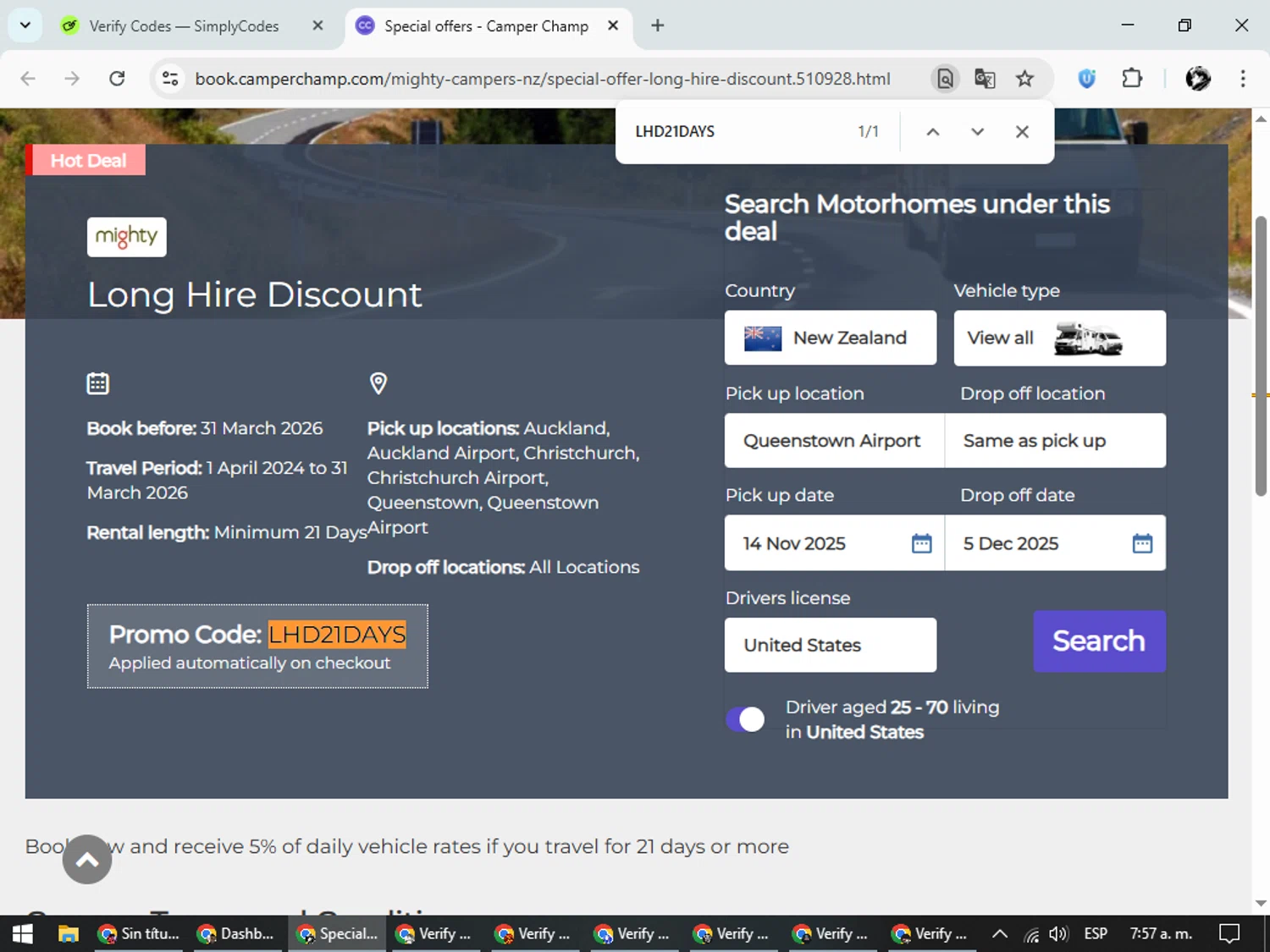 Camper Champ promo code screenshot showing code LHD21DAYS applied at Camper Champ checkout page. Uploaded by SimplyCodes community member SavvyChaser6563 on Nov 11, 2025