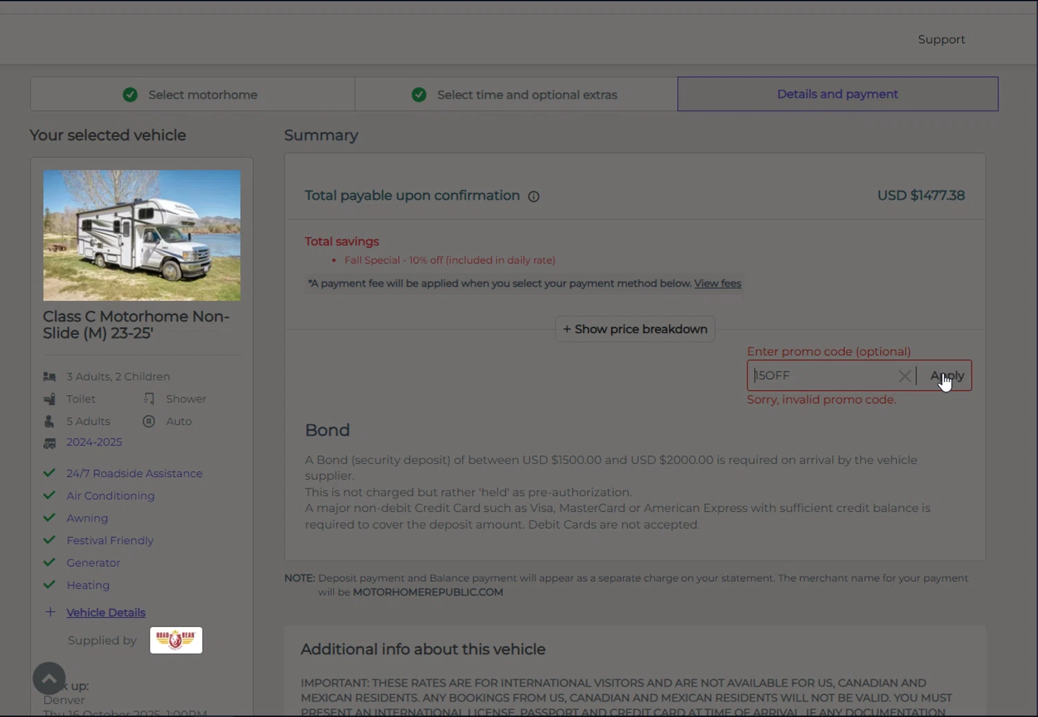 Camper Champ promo code screenshot showing code 15OFF applied at Camper Champ checkout page. Uploaded by SimplyCodes community member BeastMode on Oct 13, 2025