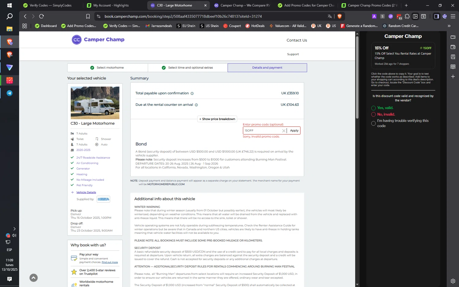 Camper Champ promo code screenshot showing code 15OFF applied at Camper Champ checkout page. Uploaded by SimplyCodes community member QuantumRider5931 on Oct 13, 2025