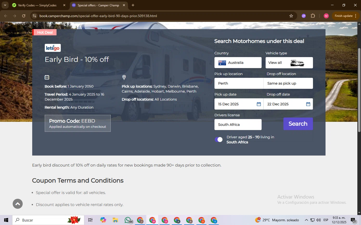 Camper Champ promo code screenshot showing code EEBD applied at Camper Champ checkout page. Uploaded by SimplyCodes community member Chambeadoranonimo on Dec 12, 2025