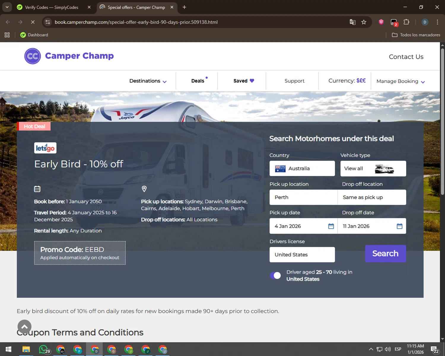 Camper Champ checkout page showing Camper Champ promo code box | Screenshot taken by SimplyCodes community member on Jan 1, 2026
