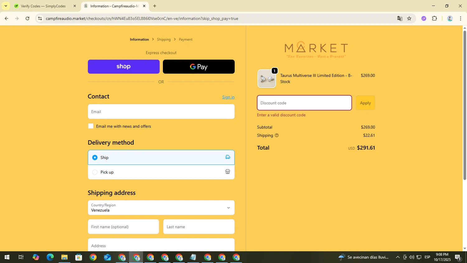 Campfire Audio Market promo code screenshot showing code FALL20 applied at Campfire Audio Market checkout page. Uploaded by SimplyCodes community member CouponBoss4754 on Oct 18, 2025