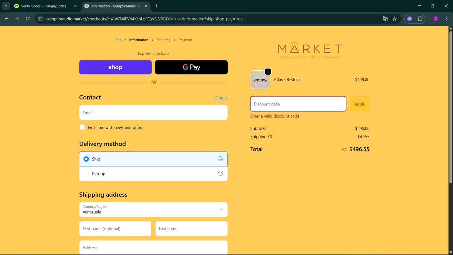 Campfire Audio Market promo code screenshot showing code FALL20 applied at Campfire Audio Market checkout page. Uploaded by SimplyCodes community member GoldSeeker3096 on Oct 17, 2025