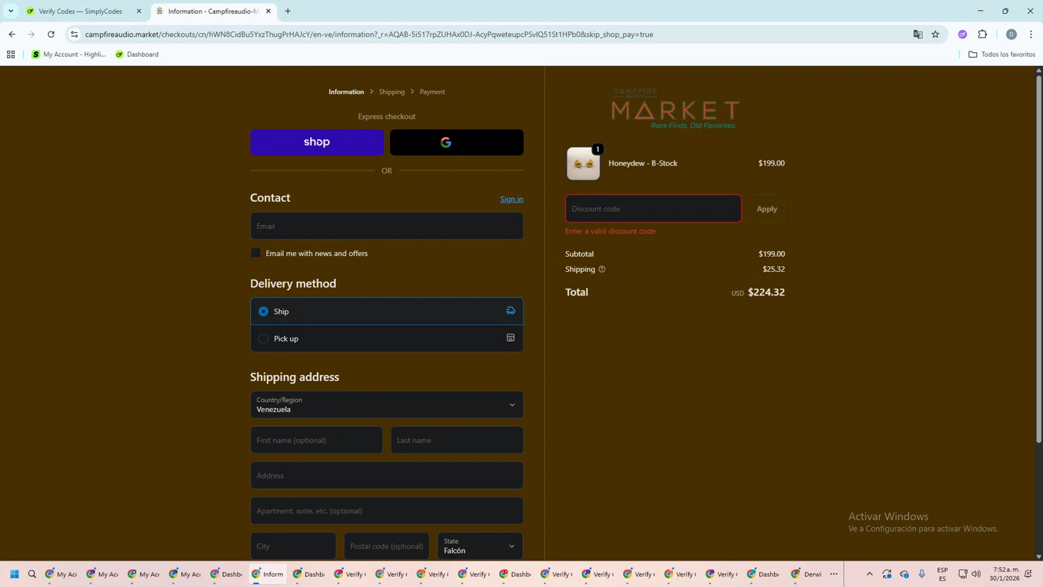 Campfire Audio Market promo code screenshot showing code HIFI20 applied at Campfire Audio Market checkout page. Uploaded by SimplyCodes community member ScanMaven5756 on Jan 30, 2026