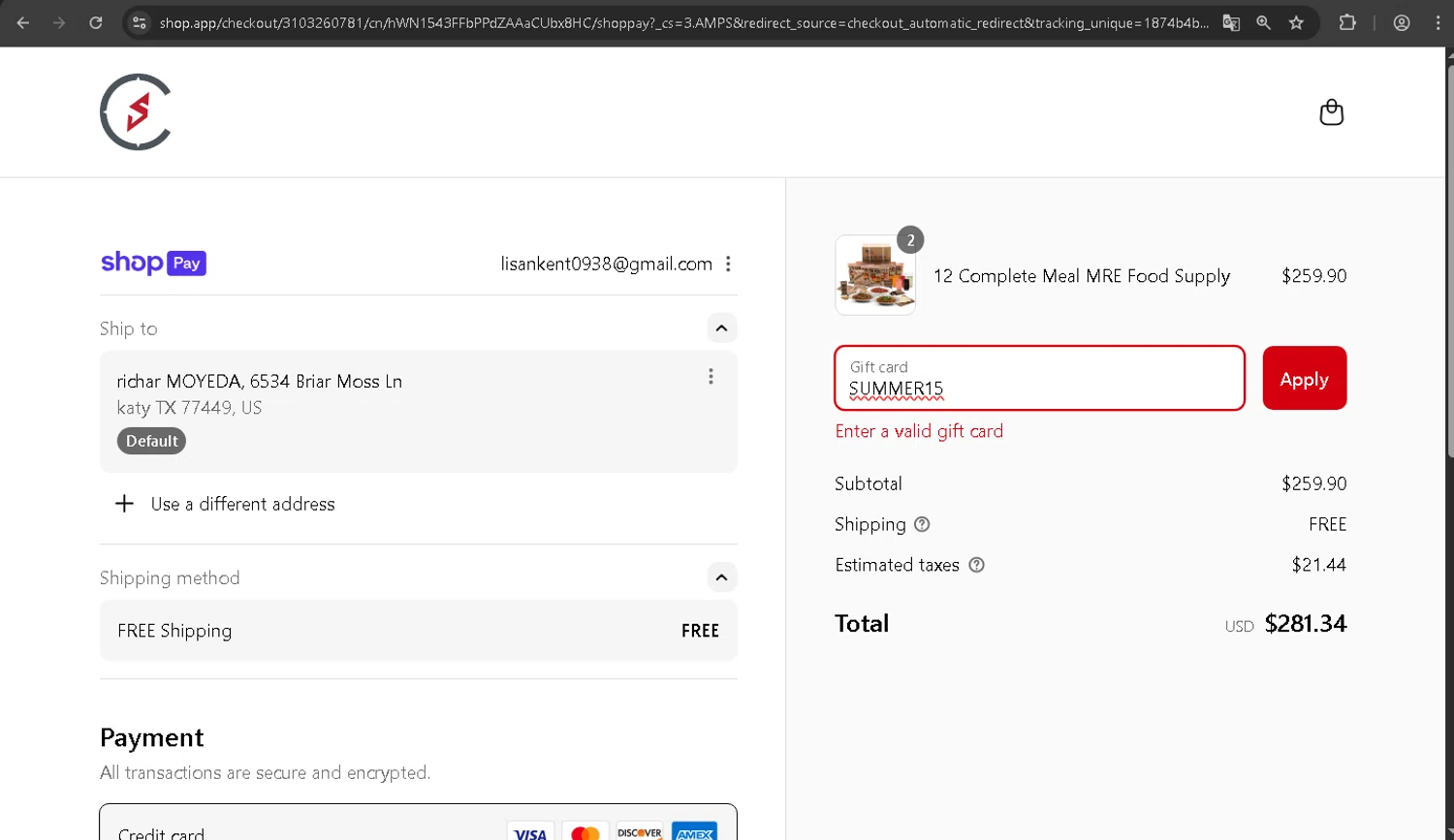 Camping Survival promo code screenshot showing code SUMMER15 applied at Camping Survival checkout page. Uploaded by SimplyCodes community member Wilmitus on Jul 26, 2025