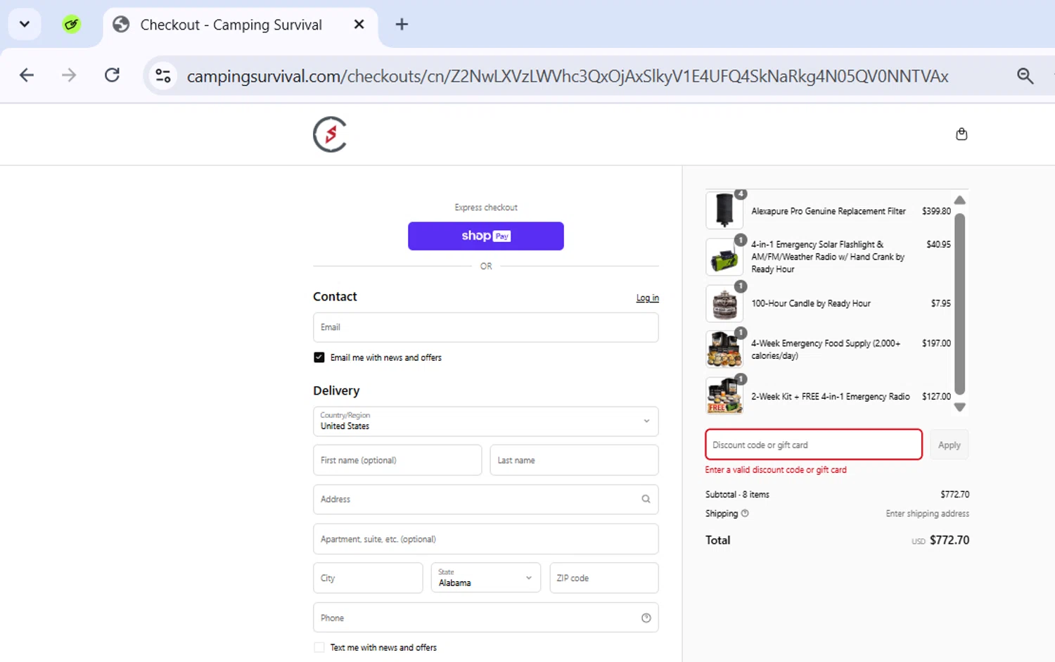 Camping Survival promo code screenshot showing code MEMORIAL25 applied at Camping Survival checkout page. Uploaded by SimplyCodes community member ExtraordinarySeeker9807 on Jun 19, 2025