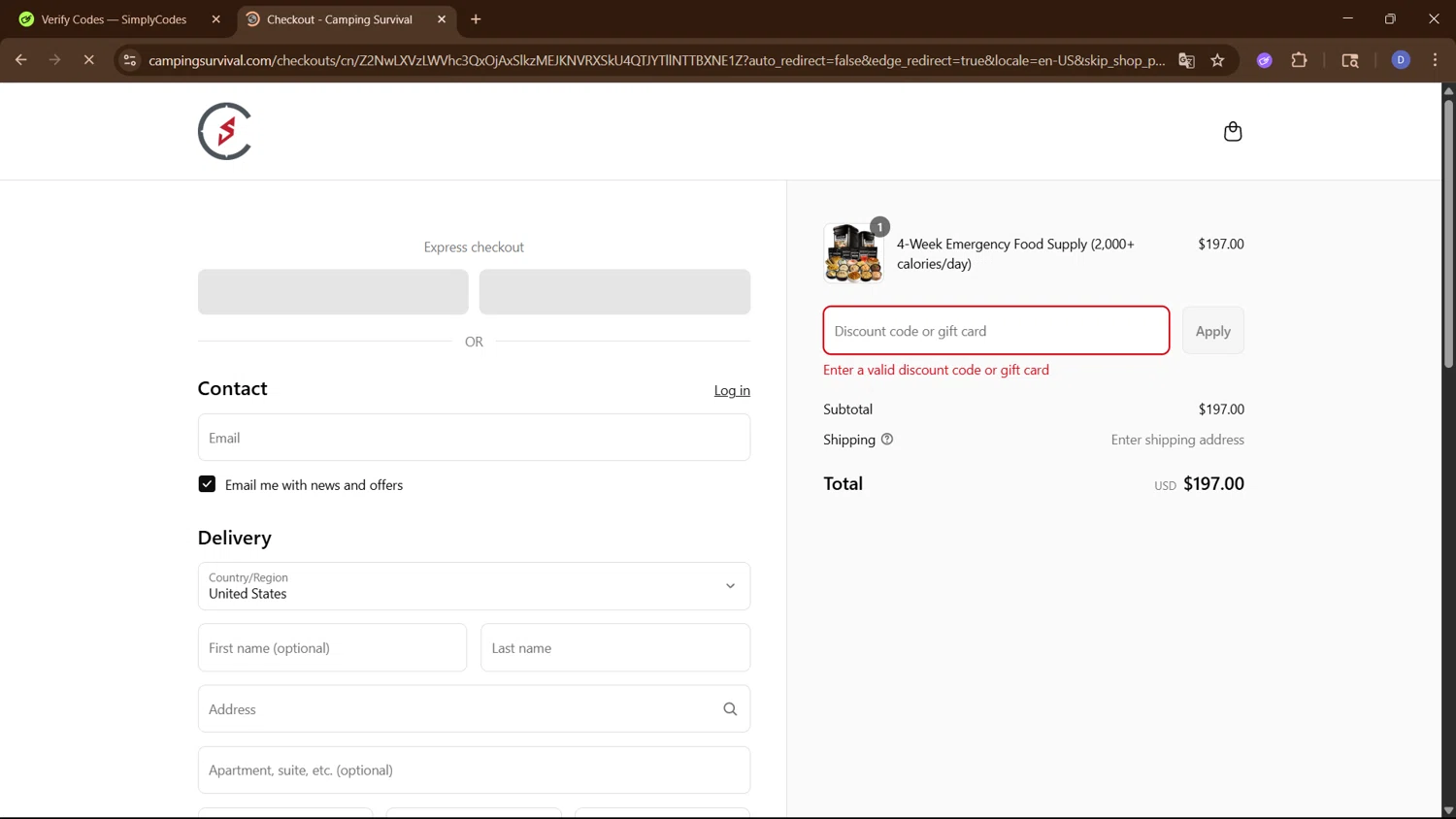 Camping Survival promo code screenshot showing code MEMORIAL25 applied at Camping Survival checkout page. Uploaded by SimplyCodes community member PennyCurator6489 on Jun 19, 2025