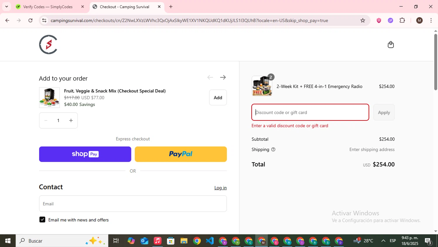 Camping Survival promo code screenshot showing code CAMPING20 applied at Camping Survival checkout page. Uploaded by SimplyCodes community member WonderWizard9060 on Jun 19, 2025
