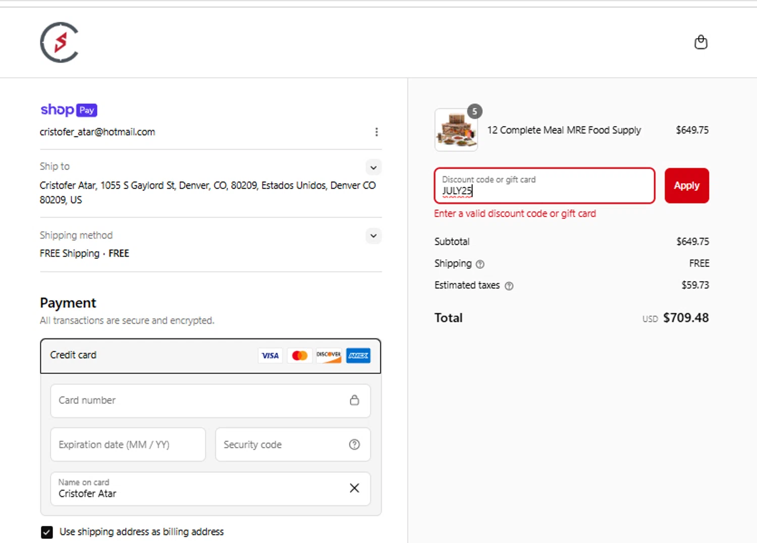 Camping Survival promo code screenshot showing code JULY25 applied at Camping Survival checkout page. Uploaded by SimplyCodes community member FundoEsperanza on Jul 12, 2025