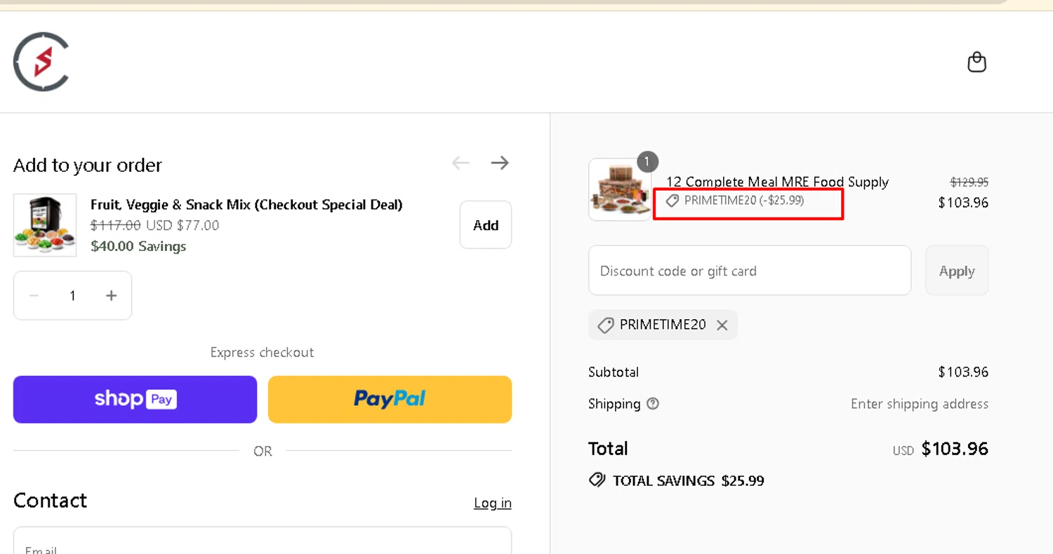 Camping Survival promo code screenshot showing code PRIMETIME20 applied at Camping Survival checkout page. Uploaded by SimplyCodes community member AMANDA2681 on Jul 12, 2025