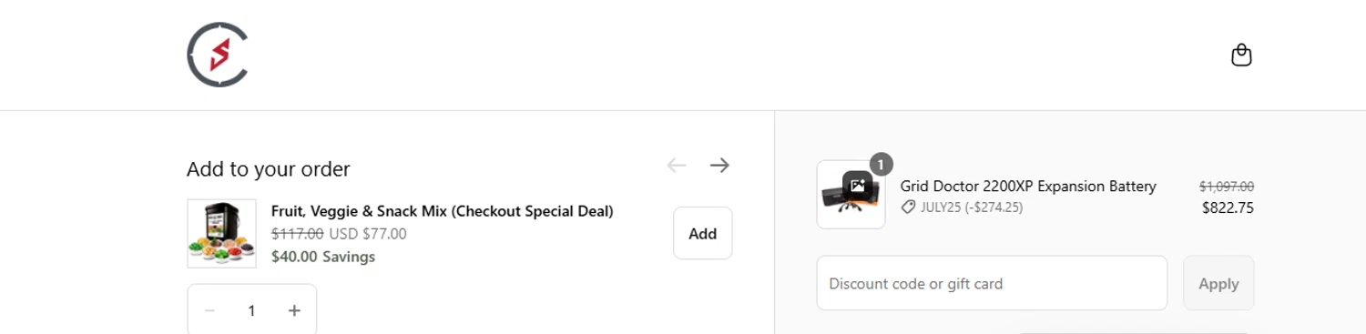 Camping Survival promo code screenshot showing code JULY25 applied at Camping Survival checkout page. Uploaded by SimplyCodes community member ashe1986 on Jun 25, 2025