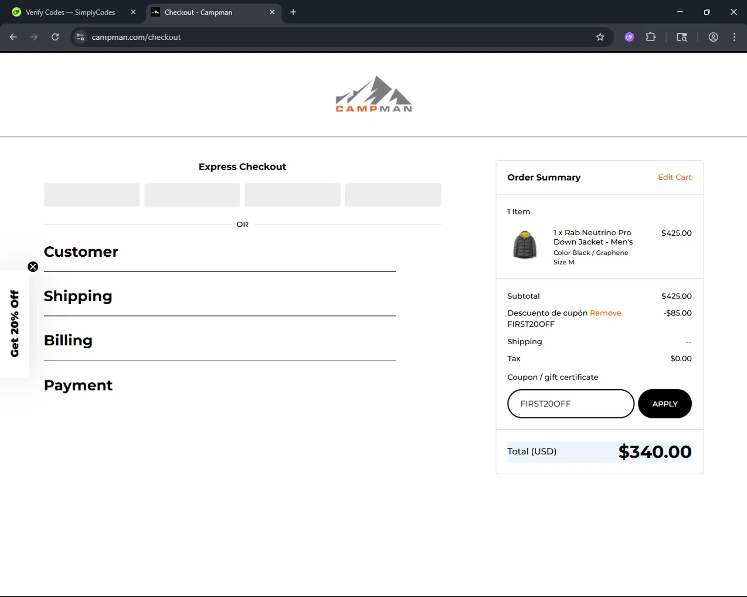 Campman checkout page showing Campman coupon code box | Screenshot taken by SimplyCodes community member on Jan 2, 2026