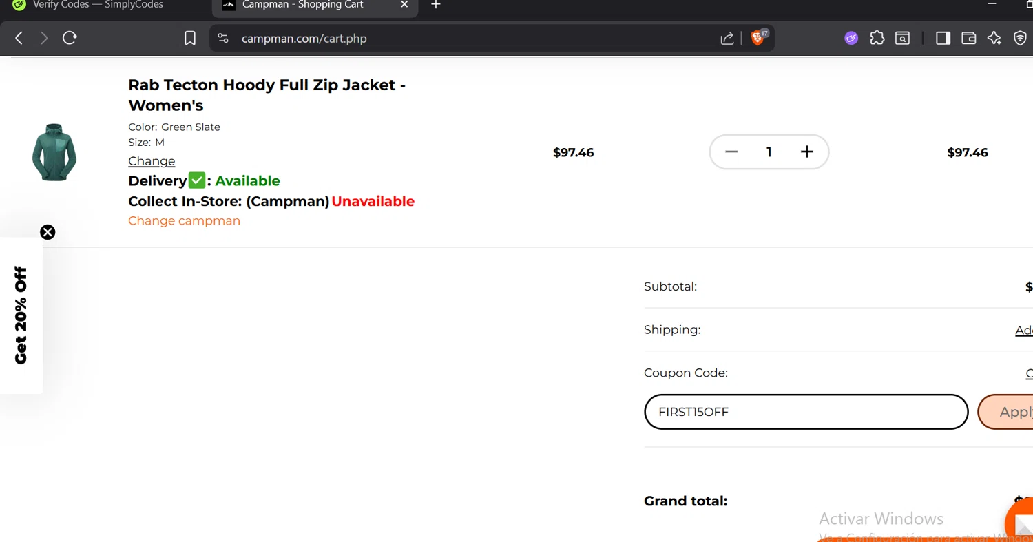 Campman coupon code screenshot showing code FIRST15OFF applied at Campman checkout page. Uploaded by SimplyCodes community member GloriousTitan3094 on Dec 2, 2025