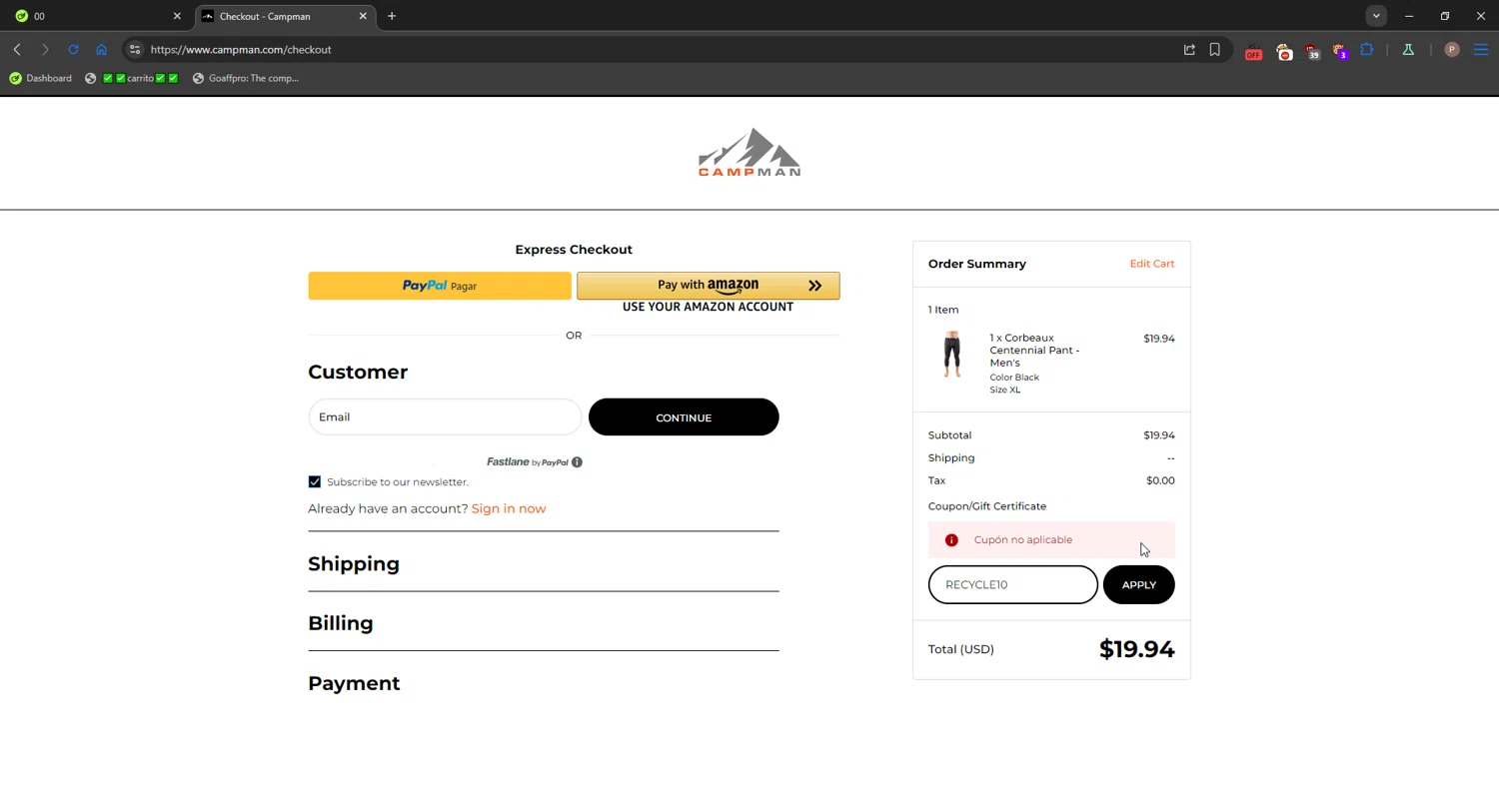 Campman coupon code screenshot showing code RECYCLE10 applied at Campman checkout page. Uploaded by SimplyCodes community member CrownPro3073 on Nov 13, 2025