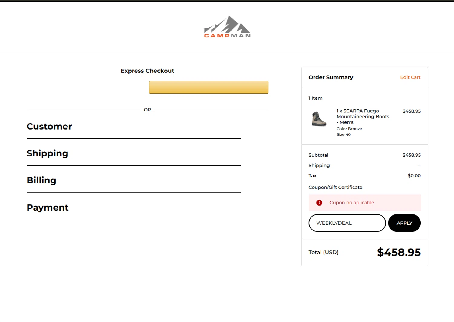 Campman coupon code screenshot showing code WEEKLYDEAL applied at Campman checkout page. Uploaded by SimplyCodes community member SwiftTracker8156 on Nov 13, 2025